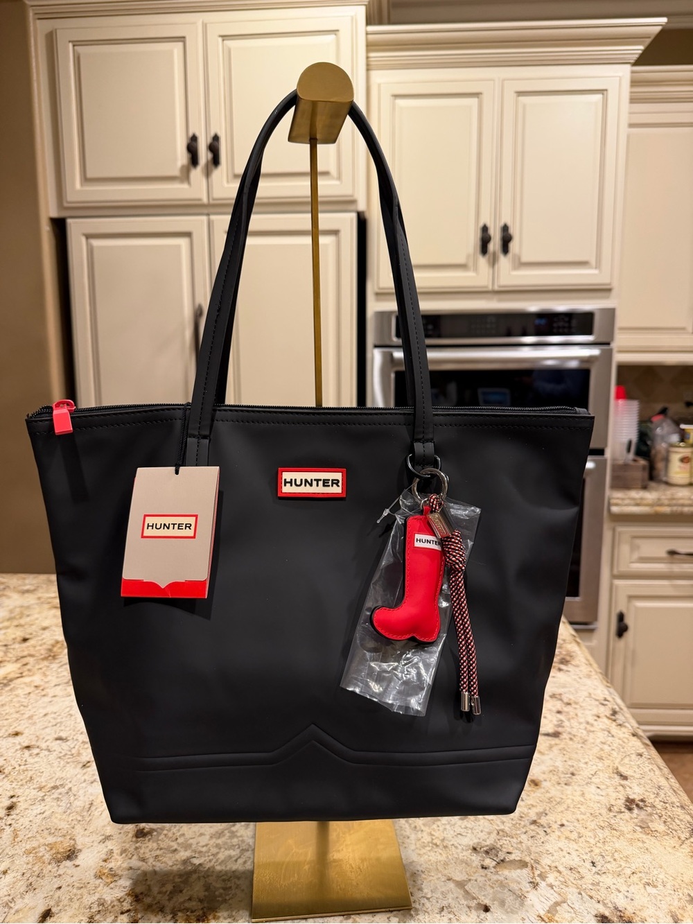 Hunter Black Tote with Red Accents and boot bag charm